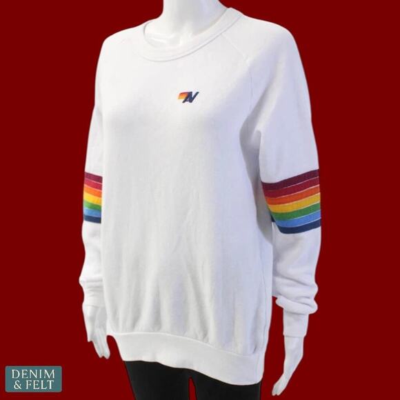 Aviator Nation Rainbow Stitch Sleeve White Crewneck Sweatshirt Small USA Fleece - Picture 5 of 15